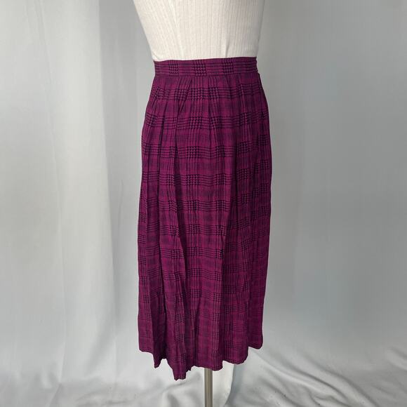 Vintage Pleated Skirt Size 8 Burgundy Black Houndstooth Midi Preppy Academia 90s - Picture 5 of 16